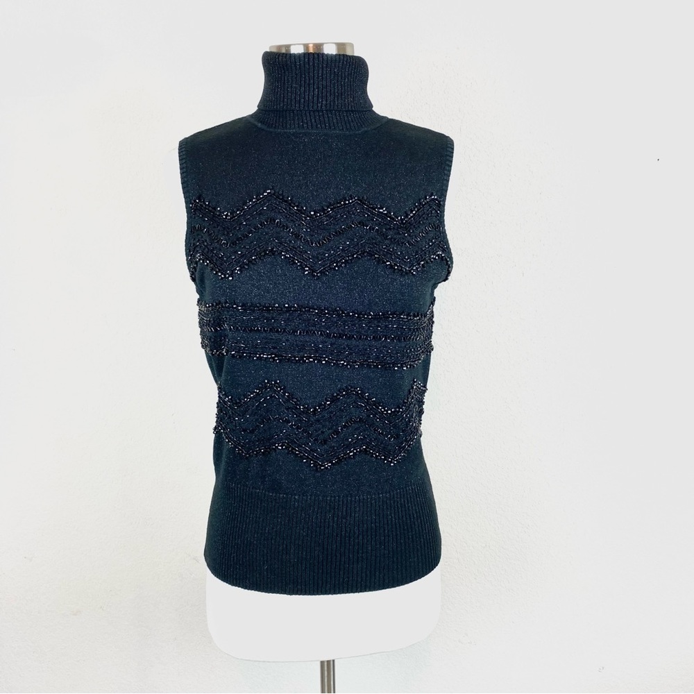 Lillie Rubin Black Turtleneck Beaded Sleeveless Sweater/Top
